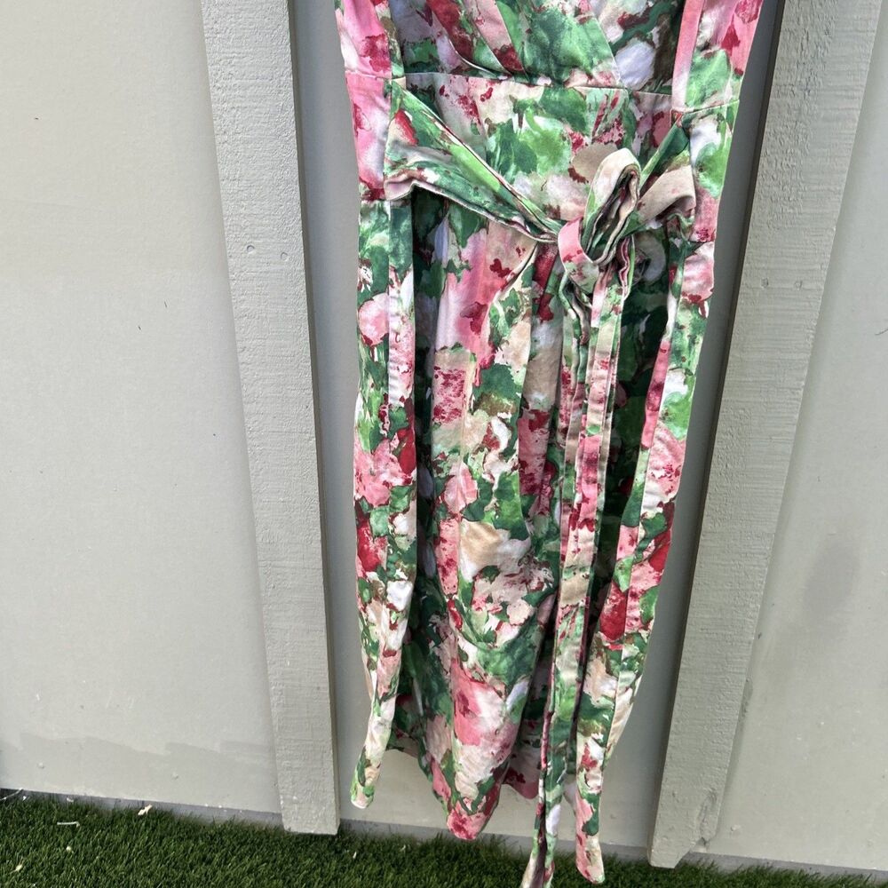 Talbots Sz 10 Dress Empire Waist V Neck Surplice Green Pink Fairy Floral Print - Picture 4 of 13